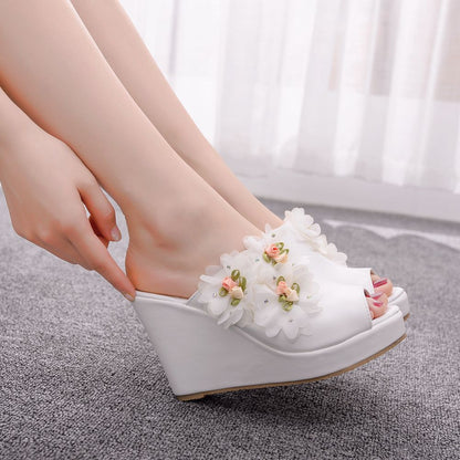 Women Flower Peep Toe Wedge Heel Platform Slides