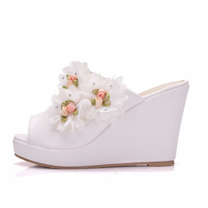 Women Flower Peep Toe Wedge Heel Platform Slides