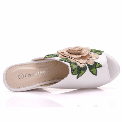 Women Embroidery Flora Peep Toe Wedge Heel Platform Slides