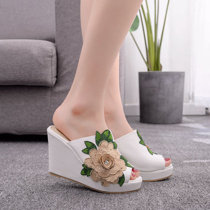 Women Embroidery Flora Peep Toe Wedge Heel Platform Slides