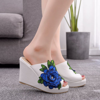 Women Embroidery Flora Peep Toe Wedge Heel Platform Slides