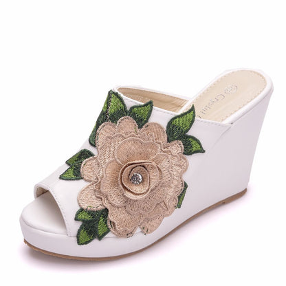 Women Embroidery Flora Peep Toe Wedge Heel Platform Slides