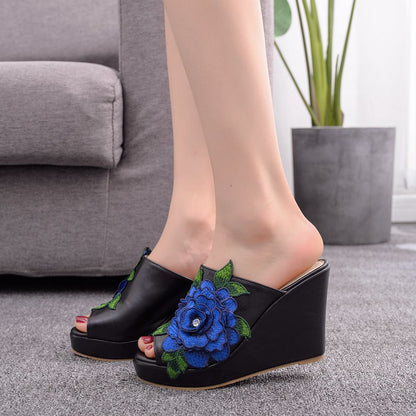 Women Embroidery Flora Peep Toe Wedge Heel Platform Slides