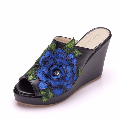 Women Embroidery Flora Peep Toe Wedge Heel Platform Slides