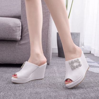 Women Square Buckles Rhinestone Peep Toe Wedge Heel Platform Slides