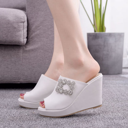 Women Square Buckles Rhinestone Peep Toe Wedge Heel Platform Slides