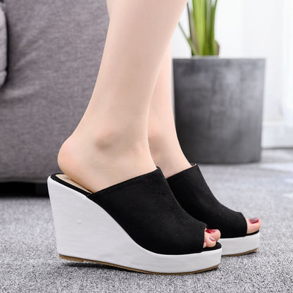 Women Bicolor Peep Toe Wedge Heel Platform Slides