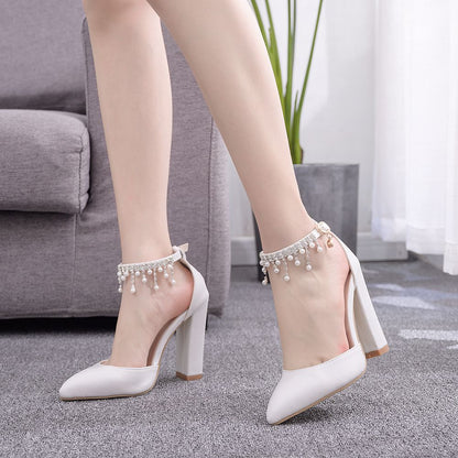 Women Beads Tassel Pointed Toe Shallow Block Heel Sandals