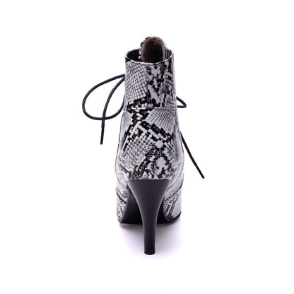 Women's Snake Pattern Lace-Up Spike Heel Ankle Boots