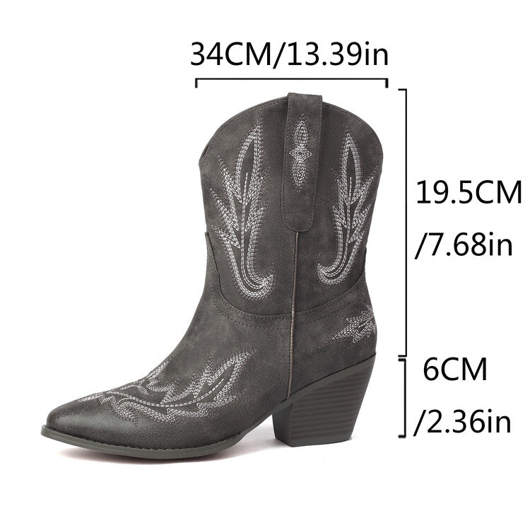 Women's Embroider Pointed Toe High Heel Mid Calf Western Boots