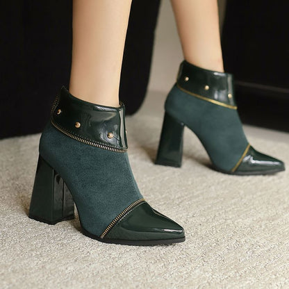 Women's Glossy Rivets Pointed Toe Block Heel Ankle Boots