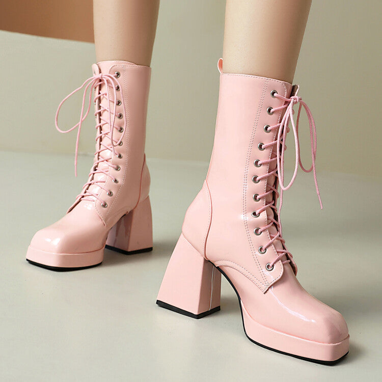 Women's Glossy Lace-Up Square Toe Block Heel Platform Short Boots