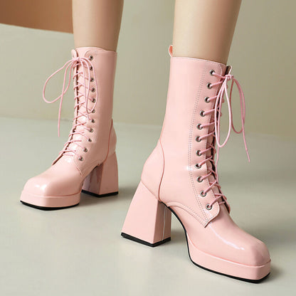 Women's Glossy Lace-Up Square Toe Block Heel Platform Short Boots