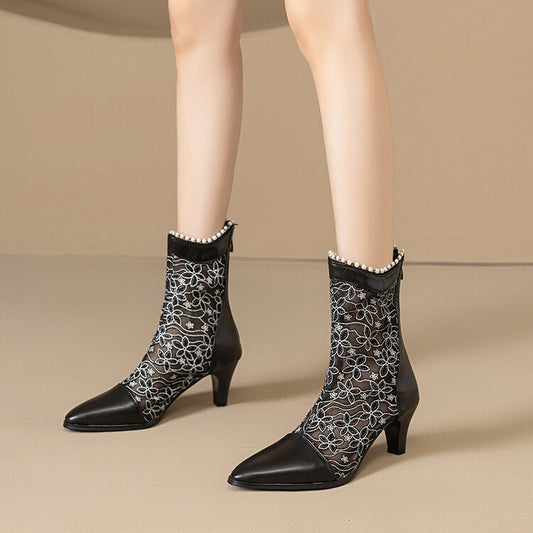 Women's Lace Beads Pointed Toe High Heel Short Boots