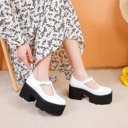 Ladies T Strap Block Heels Platform Pumps