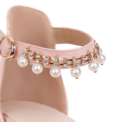 Ladies Solid Color Ankle Strap Pearls Hollow Out Block Heel Low Heels Sandals