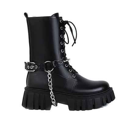 Ladies Square Toe Tied Belts Metal Chains Buckles Platform Short Boots