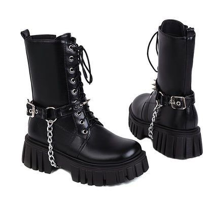 Ladies Square Toe Tied Belts Metal Chains Buckles Platform Short Boots