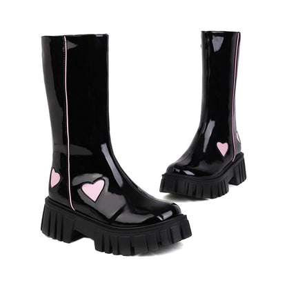 Ladies Pu Leather Square Toe Side Zippers Love Hearts Platform Short Boots