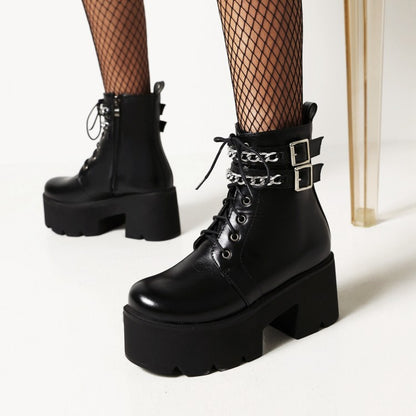 Ladies Square Toe Tied Belts Metal Chains Buckles Block Heel Platform Short Boots