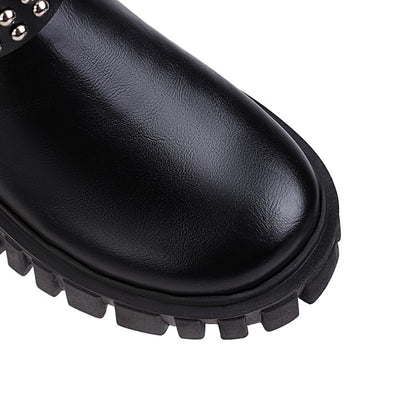 Ladies Glossy Square Toe Rivets Belts Metal Chains Platform Short Boots