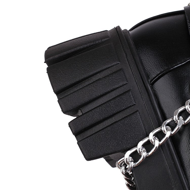 Ladies Glossy Square Toe Rivets Belts Metal Chains Platform Short Boots