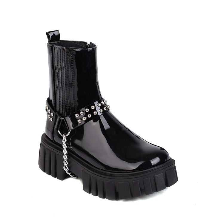 Ladies Glossy Square Toe Rivets Belts Metal Chains Platform Short Boots