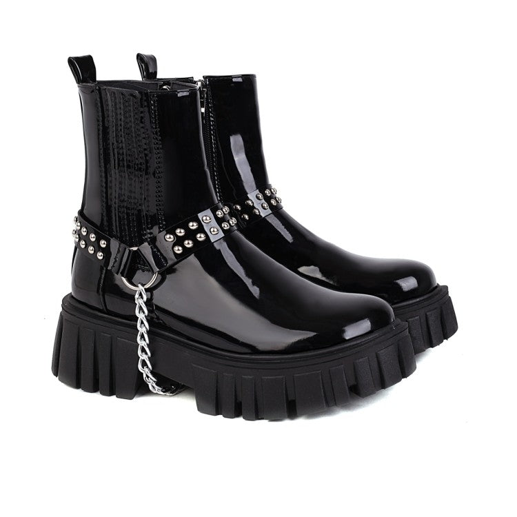 Ladies Glossy Square Toe Rivets Belts Metal Chains Platform Short Boots