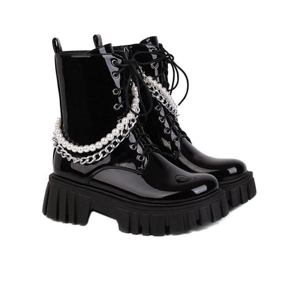 Ladies Glossy Tied Belts Pearls Metal Chains Platform Short Boots