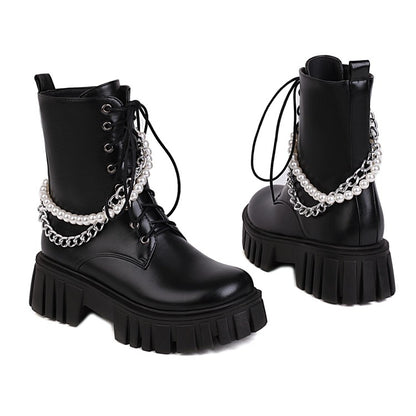 Ladies Glossy Tied Belts Pearls Metal Chains Platform Short Boots