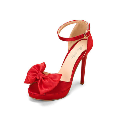 Ladies Stain Bowtie Ankle Strap Stiletto High Heel Platform Sandals