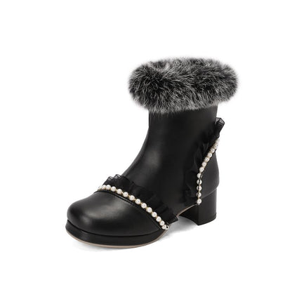 Women's Beads Round Toe Block Heel Platform Short Boots