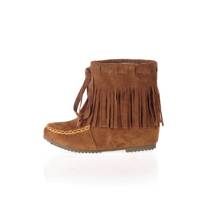 Ladies Suede Stitching Tassel Inside Heighten Flat Short Boots