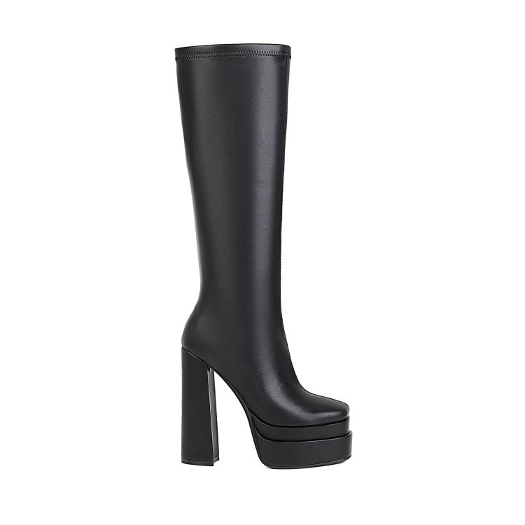 Ladies Crocodile Pattern Pu Leather Side Zippers Chunky Heel Platform Knee High Boots