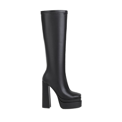 Ladies Crocodile Pattern Pu Leather Side Zippers Chunky Heel Platform Knee High Boots