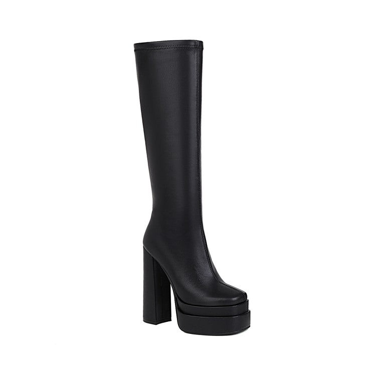 Ladies Crocodile Pattern Pu Leather Side Zippers Chunky Heel Platform Knee High Boots