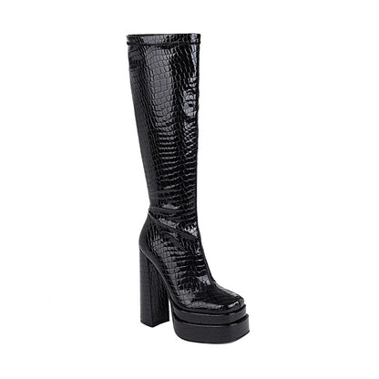 Ladies Crocodile Pattern Pu Leather Side Zippers Chunky Heel Platform Knee High Boots