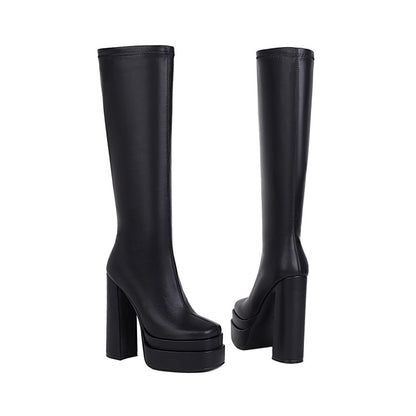 Ladies Crocodile Pattern Pu Leather Side Zippers Chunky Heel Platform Knee High Boots