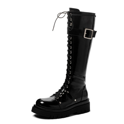 Ladies Pu Leather Lace Up Side Zippers Belts Buckles Knee High Boots