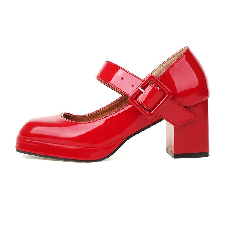 Ladies Platform Pumps Glossy Square Toe Mary Janes Buckle Straps Block Chunky Heel