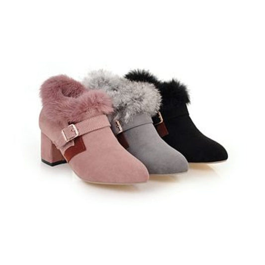 Flock Pointed Toe Buckle Straps Floppy Block Chunky Heel Short Boots for Women