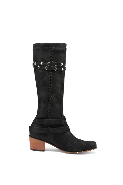 Ladies Metal Rivets Puppy Heel Knee High Boots