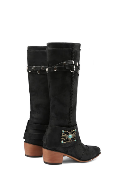 Ladies Metal Rivets Puppy Heel Knee High Boots