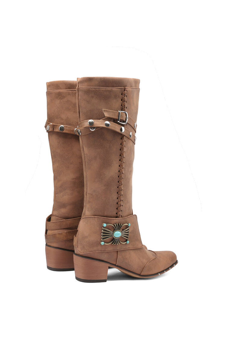 Ladies Metal Rivets Puppy Heel Knee High Boots