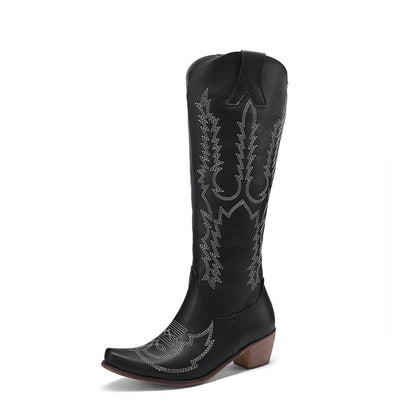 Ladies Embroidery Puppy Heel Cowboy Knee High Boots