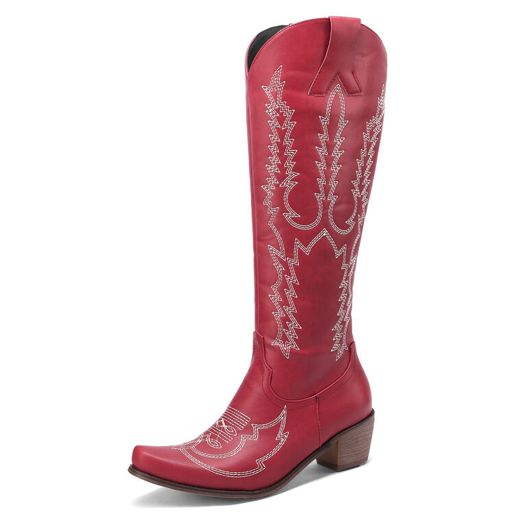 Ladies Embroidery Puppy Heel Cowboy Knee High Boots