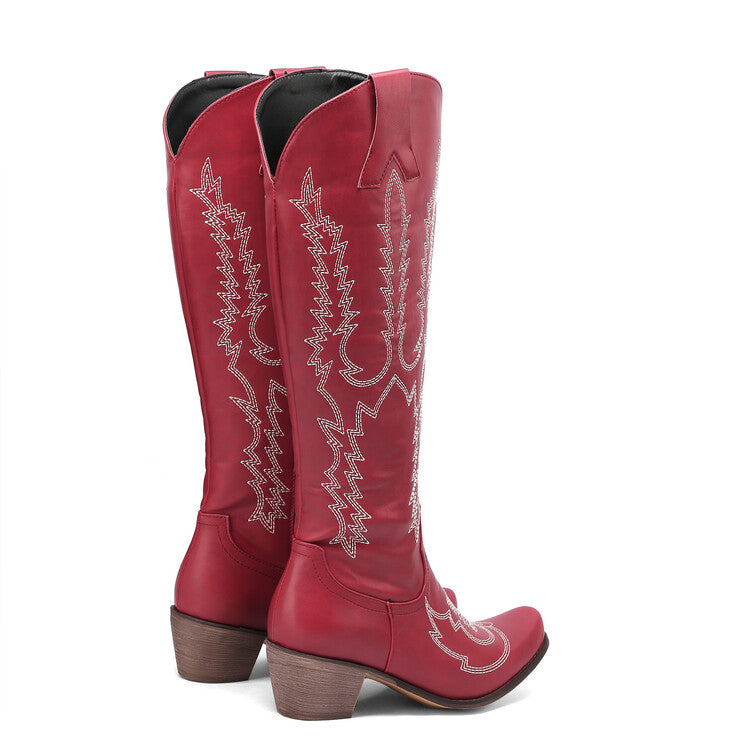 Ladies Embroidery Puppy Heel Cowboy Knee High Boots