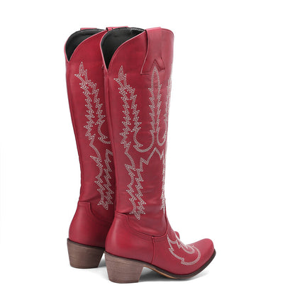 Ladies Embroidery Puppy Heel Cowboy Knee High Boots