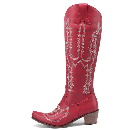 Ladies Embroidery Puppy Heel Cowboy Knee High Boots