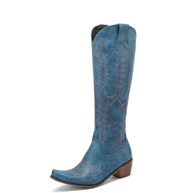 Ladies Embroidery Puppy Heel Cowboy Knee High Boots